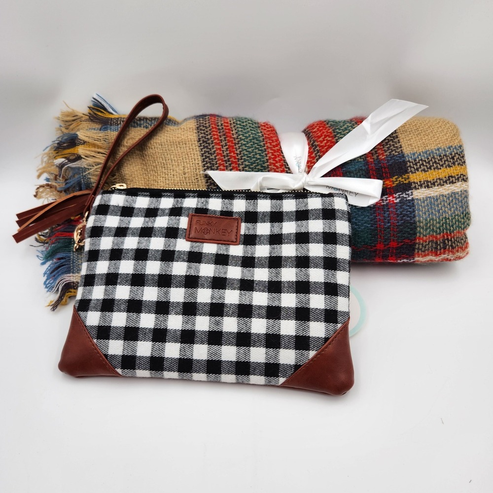 Funky Monkey Plaid Scarf & Buffalo Check Wristlet Purse Set Classic Warm NWT